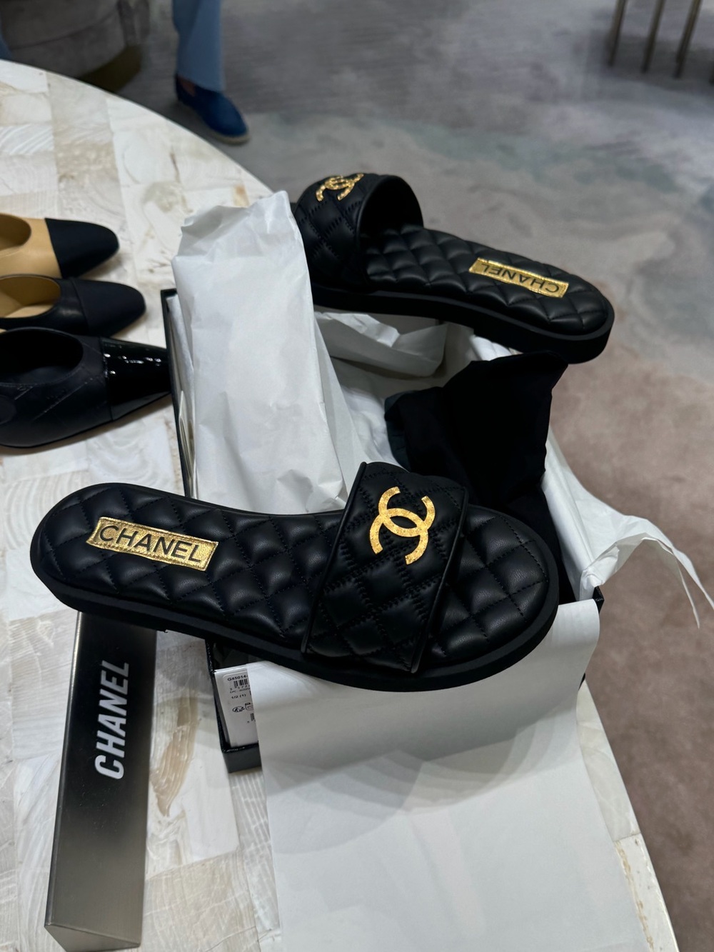 Chanel Black Quilted Slide Sandals with Gold CC